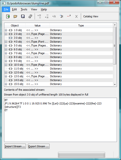 Viewing the internals of a PDF file using PoDoFoBrowser